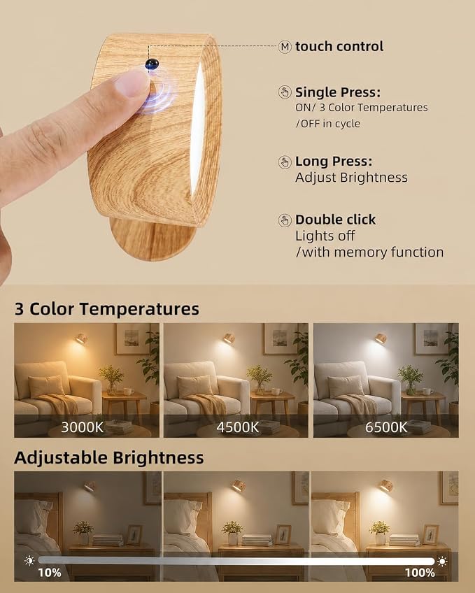 LED Wall Mounted Lights, Rechargeable Wall Sconces, 3 Color Temps, Remote & Touch, 360° Rotating and Dimmable for Bedroom, Bedside & Reading (Wood, 3Pack)