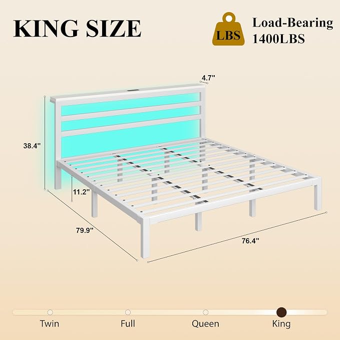 LOEWAY King Size Metal Bed Frame with Storage Headboard & LED Lights, White | Built-In Charging Station, Under-Bed Storage, Heavy Duty Metal Slats, No Box Spring Needed, Solid and Stable, Easy Assembly