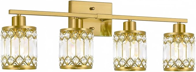 Crystal Modern Bathroom Light Fixtures, 4-Light Brushed Gold Bathroom Vanity Wall Light, Vanity Lights for Mirror, Restroom, Bedroom (E26 Socket, Bulbs Not Included)