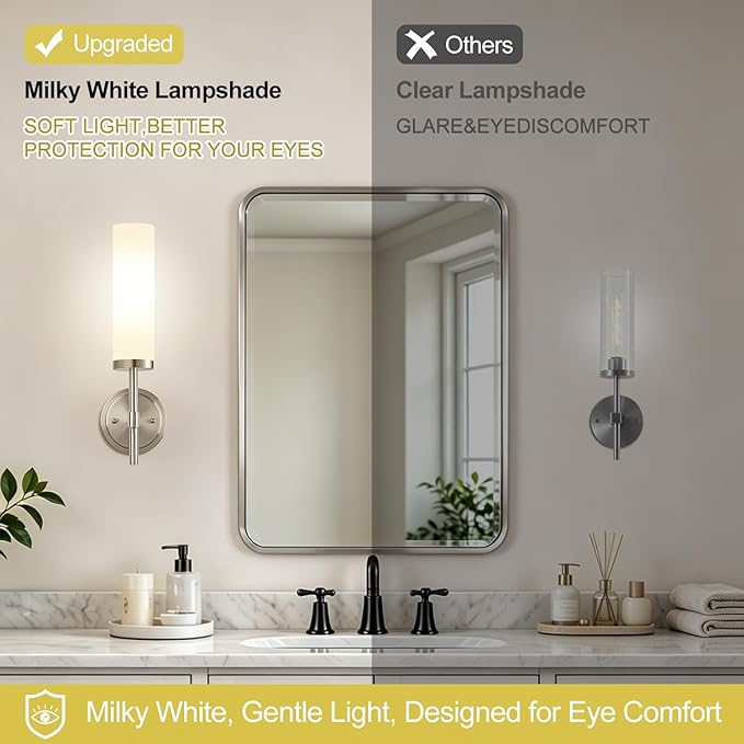 [Hardwired] Wall Sconces Set of Two, Brushed Nickel Bathroom Sconces with Milky White Glass, Modern Wall Light Fixtures for Bathroom Mirror Vanity, Living Room, Hallway, Stairway, Cabinet, Foyer