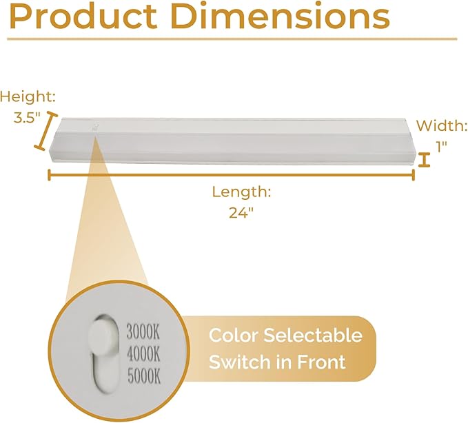 24-Inch LED Under Cabinet Light Hardwired Installation Only, Dimmable Color Selectable - Soft White(3000K)/ Bright White(4000K)/ Daylight White(5000K), 11W, White Finish