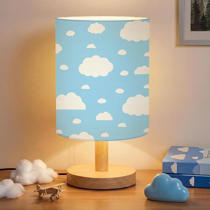 Cloud Kids Table Lamp for Bedroom Kids Bedside Lamp with Linen Wooden Nightstand Cartoon Nursery Lampshade for Girls Boys Living Room