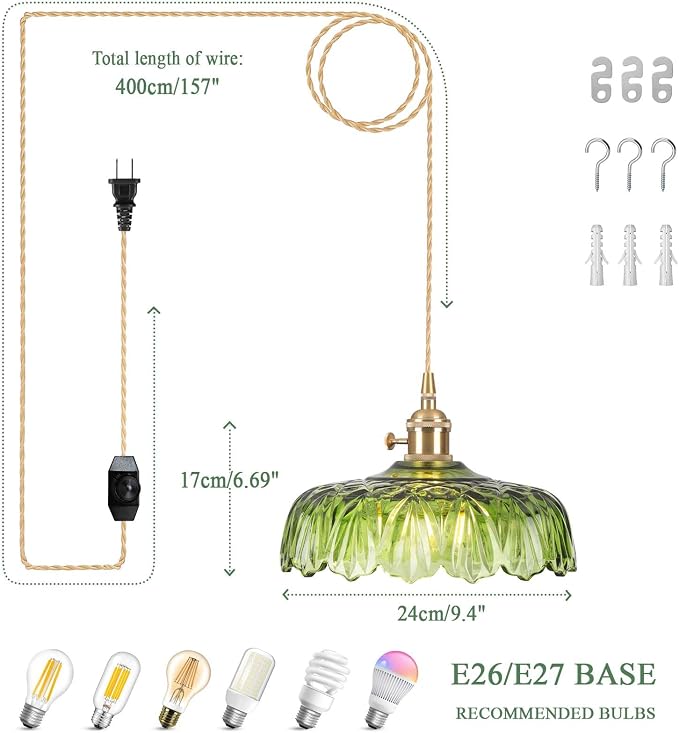 Plug in Pendant Light Fixtures,Green Glass Lampshade Pendant Lighting 9.4in E26 Hanging Light Fixture for Kitchen Island, Bedroom, Dining Room, Living Room