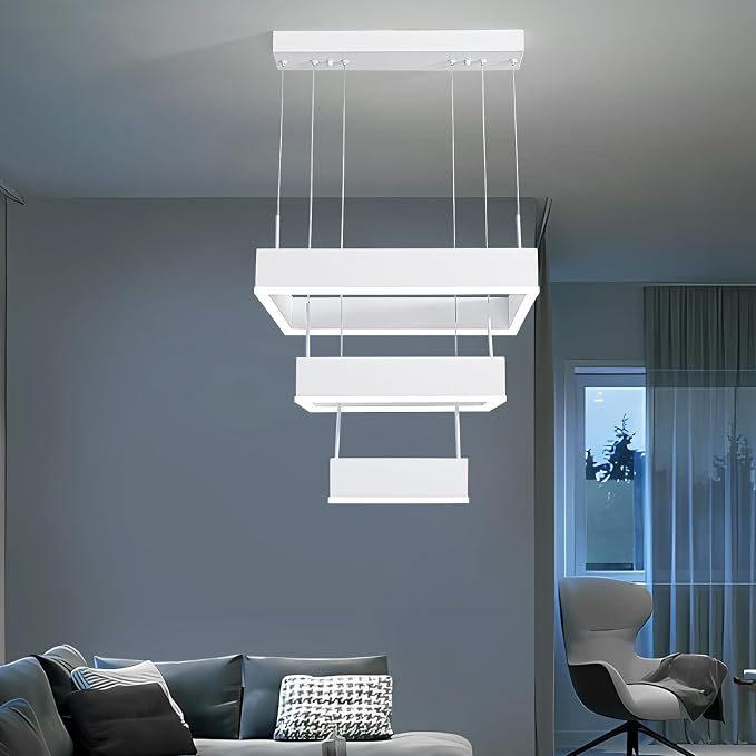 O'NEELDY Modern Chandelier White Pendant Lights Square LED Dining Room Light Fixture Height Adjustable Kitchen Island Lighting 3 Rings Flush Mount Chandeliers for Living Room,Bedroom,Dining Table