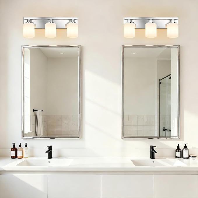 Modern Bathroom Lighting Fixtures Over Mirror, Vanity Lights for Bathroom, Wall Sconces with Milky White Glass Shades, E26 Ceramic Socket, 3-Light 19.7-inch Chrome