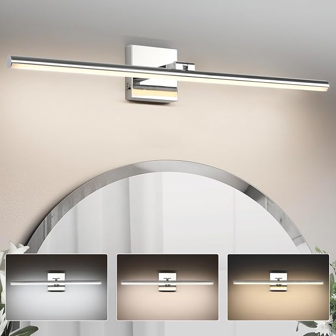 LED Bathroom Vanity Light, Modern Bathroom Light Fixture Over Mirror (3000K/4000K/6000K, Dimmable), Vanity Light Bar with Angle Adjustable, 32 Inch, Chrome