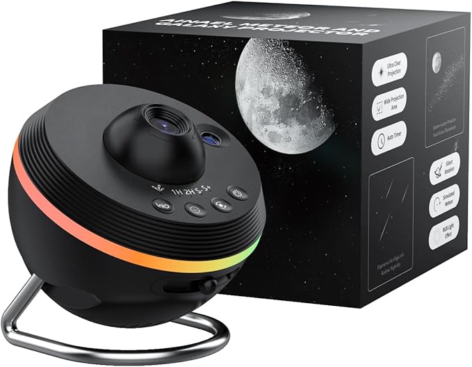 Galaxy Projector with 1 Glass Projection Disc, Star Projector Home Planetarium, 180° Rotatable Starry Sky Night Light with Meteor Effects & Light Strip for Bedroom, Kids & Adults Gift (Black)