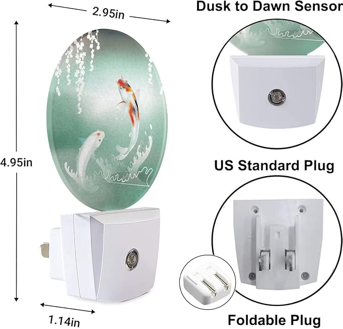 Pond Fish Night Light Two Fishes Jump Over Lake Flowers Branch Sage LED Dusk to Dawn Plug-in Nightlight Auto Sensor for Bedroom Bathroom Hallway Living Room