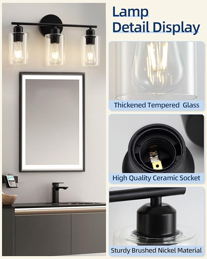 3-Light Matte Black Vanity Lights, Modern Bathroom Light Fixtures Over Mirror With Clear Glass Shade, Wall Sconce Lighting for Hallway - 2Pack