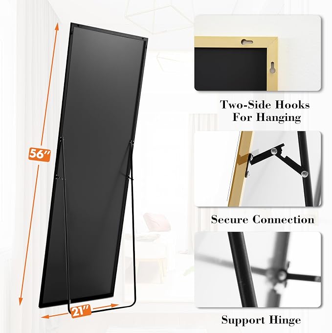 DUMOS Full Length Mirror 21"x 56" for Bedroom, Full Body Mirror with Stand, Hanging or Leaning for Wall, Aluminum Alloy Thin Frame Floor Standing for Living Room, Long, Gold