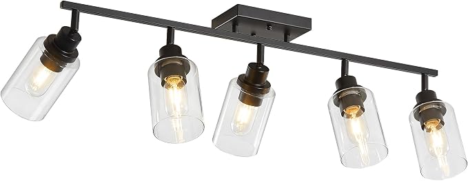 LOUSACE 5 Light Kitchen Track Light Fixtures Ceiling Vanity Lights Black, Bathroom Track Lighting Kit w/Rotatable Heads & Clear Glass Shade, Modern Wall Ceiling Tracking Light for Accent Shop Hallway
