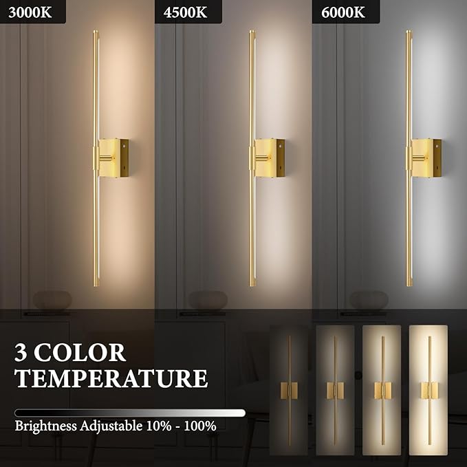 Wall Sconces Set of Two Battery Operated, Wireless USB Rechargeable Wall Lights with Remote, 8000mAh Dimmable LED 3 Color Dimmable Living Room for Bedroom,Hallway,Picture Lamp(30in Gold)