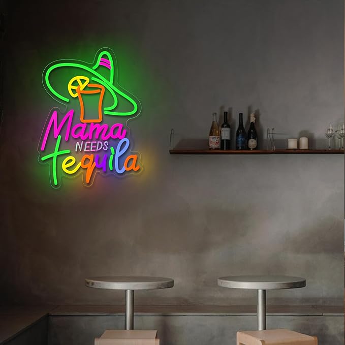 Mama Needs Tequila Neon Sign Tequila Time Neon Sign for Wall Decor Mexican Tequila USB Dimmable LED Neon Lights for Beer Bar Kitchen Restaurant Home Pub Party Man Cave Club Shops Hotel Store Business Gift