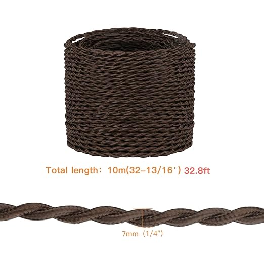 Helunsi 32.8ft Twisted Cloth Covered Wire, Brown 18/2 Cloth Covered Electrical Wire, 18 Wire Gauge 2-Conductor Fabric Covered Lamp Cord, Vintage Twisted Cloth Covered Wire, for DIY Projects (Brown)