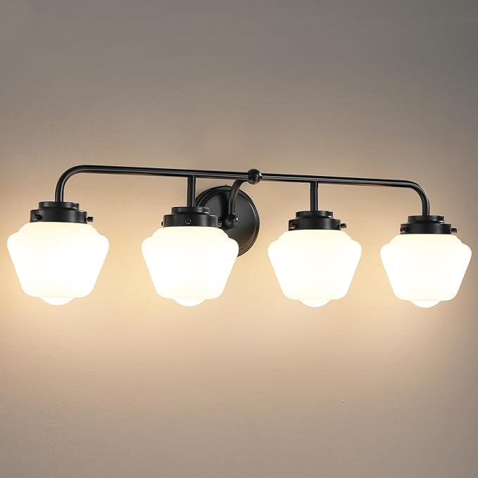 RUIYEY Bathroom Vanity Light Fixtures: 4-Light Matte Black Bathroom Lighting Fixtures Over Mirrors, Farmhouse Rustic Wall Sconce with Milky White Glass for Bath Living Room Cabinet