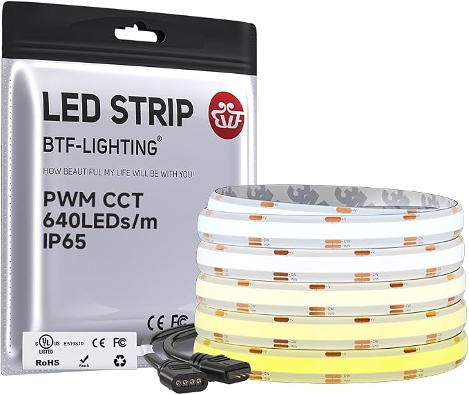 BTF-LIGHTING UL Listed Tunable White 3000K-6000K COB LED Strip Light,IP65 DC12V 16.4FT Dimmable CCT Ultra Bright LED Tape Light for Home Kitchen Office Indoor DIY Lighting(No Adapter or Controller)