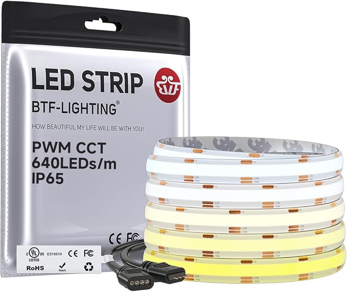 BTF-LIGHTING UL Listed Tunable White 3000K-6000K COB LED Strip Light,IP65 DC24V 16.4FT Dimmable CCT Ultra Bright LED Tape Light for Home Kitchen Office Indoor DIY Lighting(No Adapter or Controller)