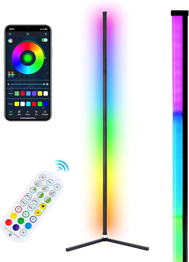 WISIMMALL RGB Corner Floor Lamp, Bluetooth APP and Remote Control Music Sync LED Modern Floor Lamp for Living Room, Light Timing, 398 Dimmable Modes, 64.5" RGB Color Changing Mood Lighting