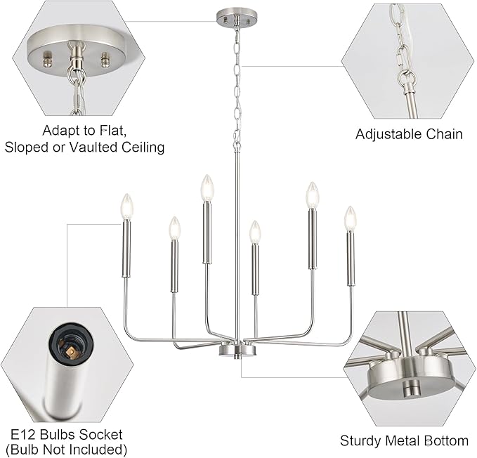 Modern Brushed Nickel Chandelier for Dining Room, Metal 6-Light Kitchen Light Fixtures, Farmhouse Candle Hanging Pendant Light for Living Room Entryway Foyer Bedroom (Bulbs Not Included)
