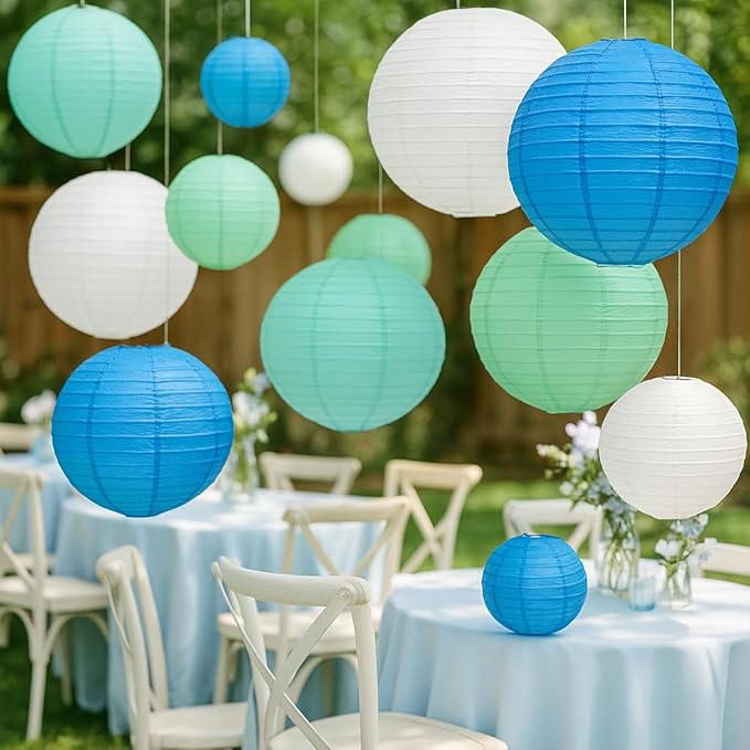 16 Pcs Paper Lanterns Hanging Round Blue Paper Lantern Decorative 6" 8” 10”12" Four Colors Chinese Lanterns for Birthday Wedding Party Decoration Baby Showers Valentine Indoor Outdoor