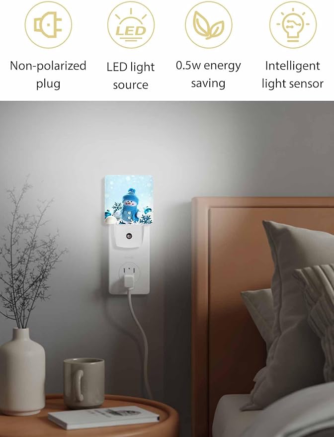 Snowman Night Lights Plug into Wall LED Night Light Christmas Cute Doll Snowflake Automatic Dimmable Dusk-to-Dawn Square Shaped Smart Nightlight for Bathroom/Bedroom