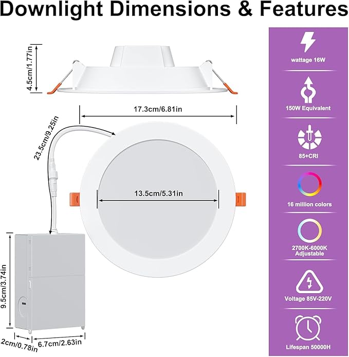 Smart Recessed Lighting 6 Inch RGBCW Color Changing 16W LED Downlight with Junction Box,1350 Lumen Recessed Ceiling Light Compatible with Alexa,Dimmable by Bluetooth Control -1Pack