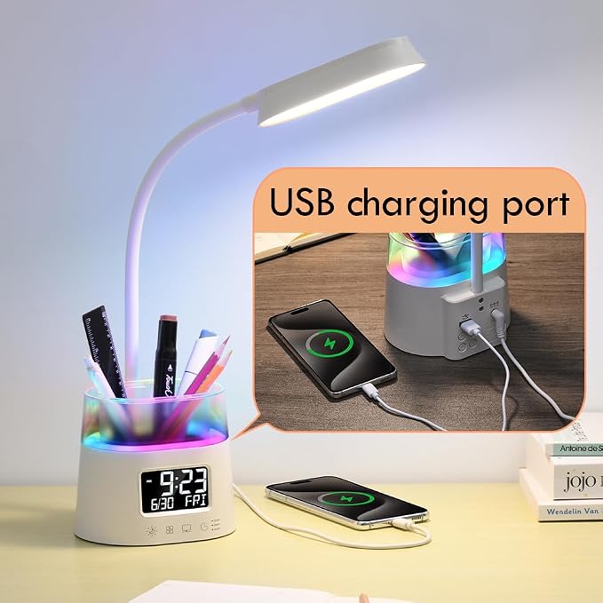 WILIT LED Desk Lamps for Home Office with Pen Holder, Table Lamp for Bedroom with USB Charging Port & Clock, RGB Night Light, Study Lamp for Kids Girls, Desk Light for College Dorm Room Essentials