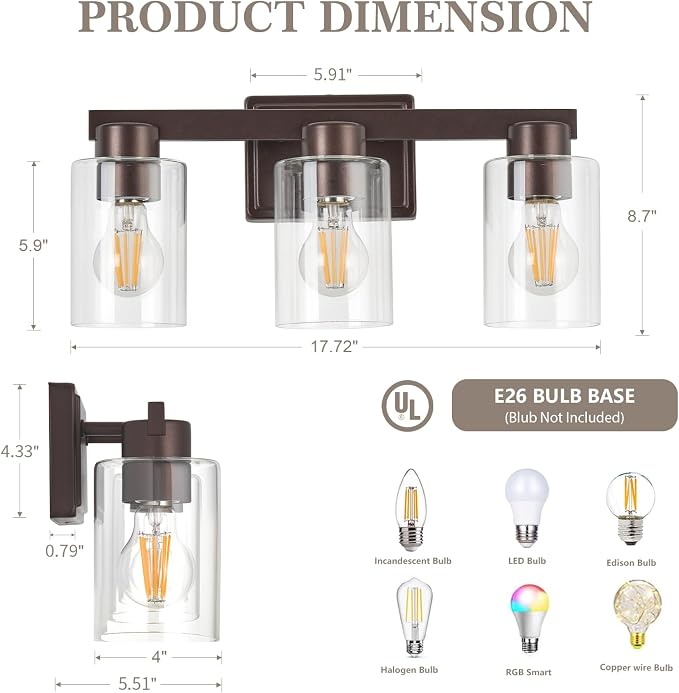 3-Light Bathroom Light Fixtures with Clear Glass, Oil Rubbed Bronze | Vanity Lights, Modern Wall Sconces, Over Mirror for Bathroom, Powder Room, Living Room