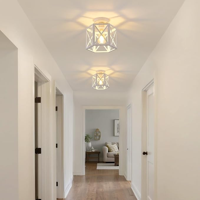 XSDeTu 2 Pack White Semi Flush Mount Ceiling Light, Modern Hallway Light Fixture, Vintage Metal Hexagonal Ceiling Lamp for Kitchen Entryway Porch