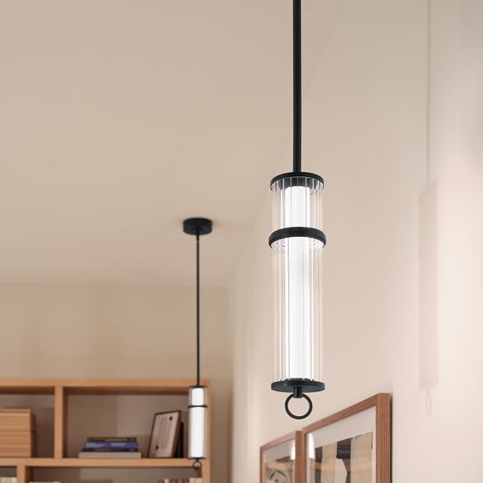 Kichler Riven LED 1-Light Pendant with Clear Fluted Glass in Black, Sloped Ceiling Compatible, for Kitchen or Dining Room (15.5" x 5"), 52755BKLED