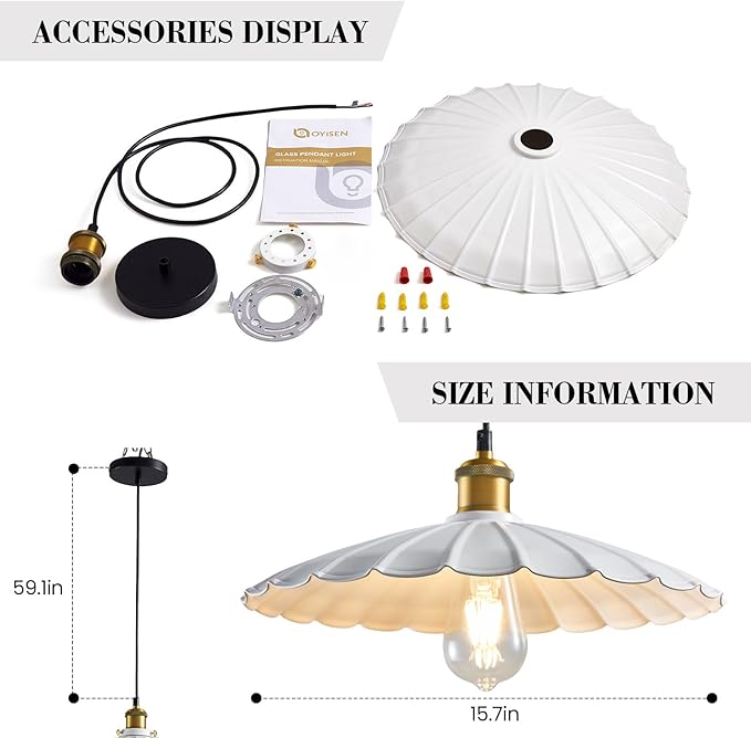 Pendant Light Fixture, White Farmhouse Vintage Hanging Lamp 15.7 Inch Lampshade with 6Ft Adjustable Light Cord Kitchen Hanging Lights Retro Island Pendant Lights for Kitchen 2Pack