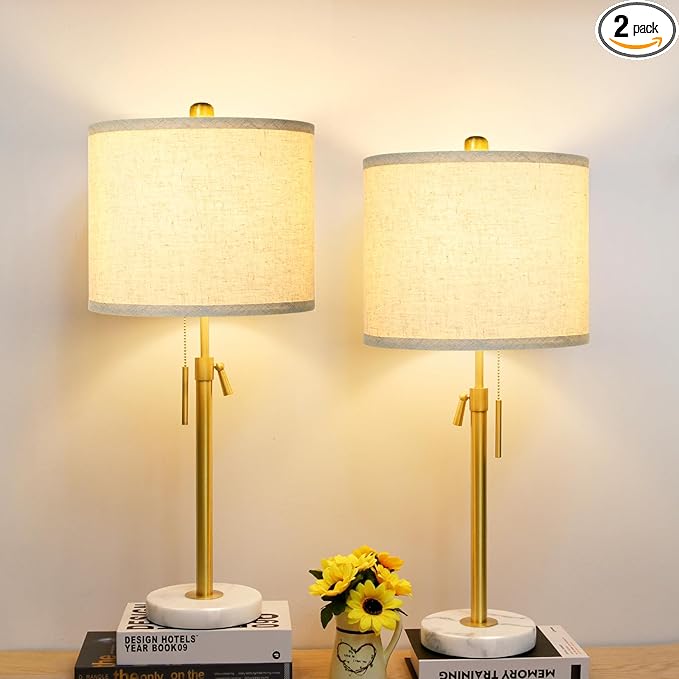 Table Lamps for Bedrooms Set of 2, 22" to 30" Height Adjustable Nightstand Lamps with Linen Shade, Pull Chain Switch Lamps for Living Room, 3 Way Dimmable Bedside Lamp