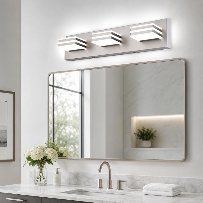 3-Light Brushed Nickel Vanity Light for Bathroom, 20 Inch 24W 5CCT Dimmable LED Fixture with Clear Acrylic Shade, Hardwired Modern Wall Light Over Mirror for Guest Bath