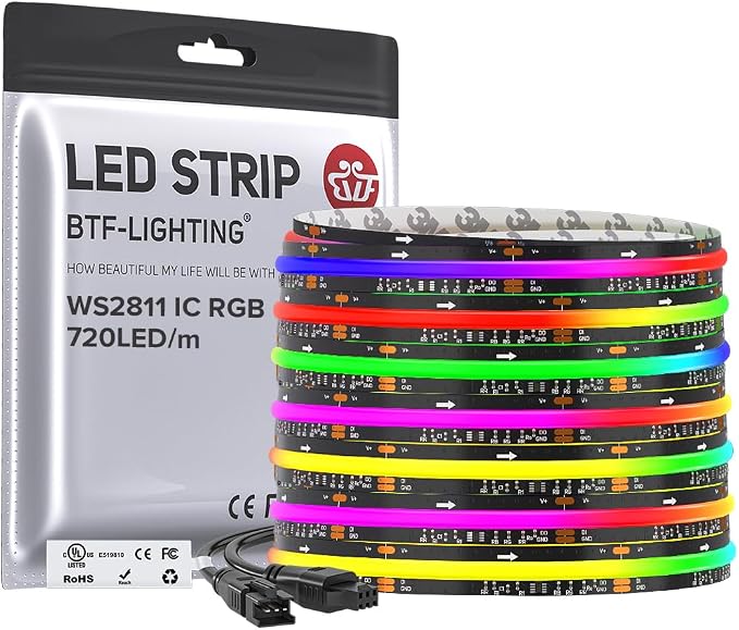 BTF-LIGHTING WS2811 Smart IC RGB FCOB COB LED Strip, UL Listed 720LEDs/m High Density Color Chasing Uniform Light, DC24V 24FT 12mm Width Black PCB for Home Party DIY Decor(No Adapter or Controller)