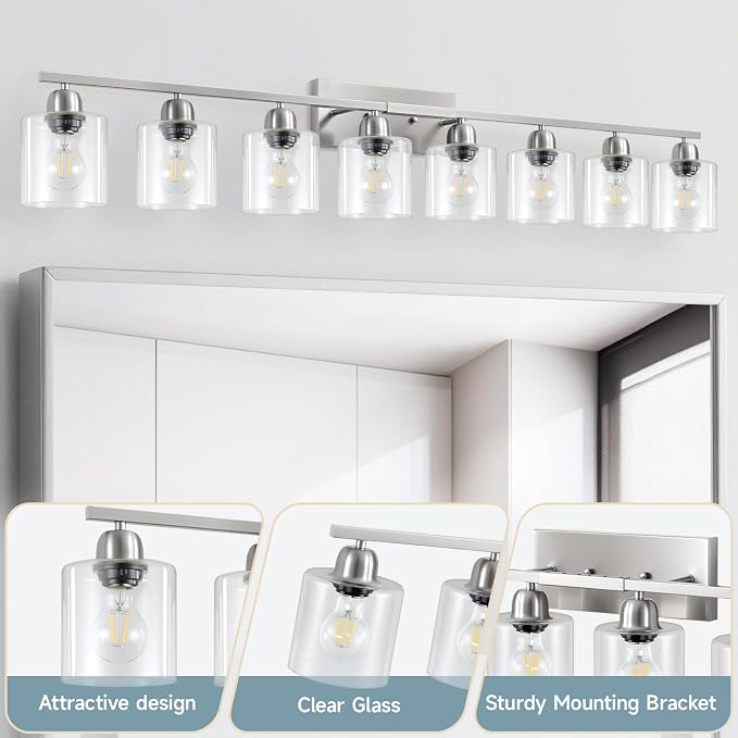 Modern Brushed Nickel 8 Light Bathroom Light Fixtures,52 inch Vanity Lights for Bathroom with Clear Glass, Bathroom Light Fixture for Mirror Kitchen Living Room Hallway Cabinet Porch