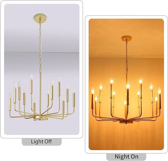 Gold Farmhouse Chandelier, Industrial Metal 12-Light Candle Chandeliers, Rustic Pendant Lighting for Kitchen Island, Dining Room, Living Room, Staircase