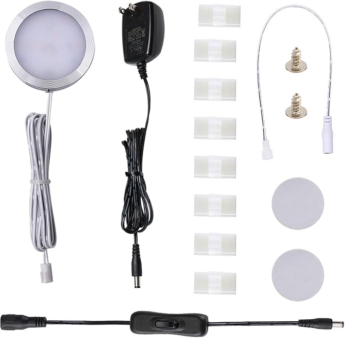 AIBOO 12V LED Under Cabinet Puck Lights Plug in, with Manual Switch, Single Puck LED Light for Closet,Counter,Showcase,12Vdc Low Voltage Wall Plug (Nature White)