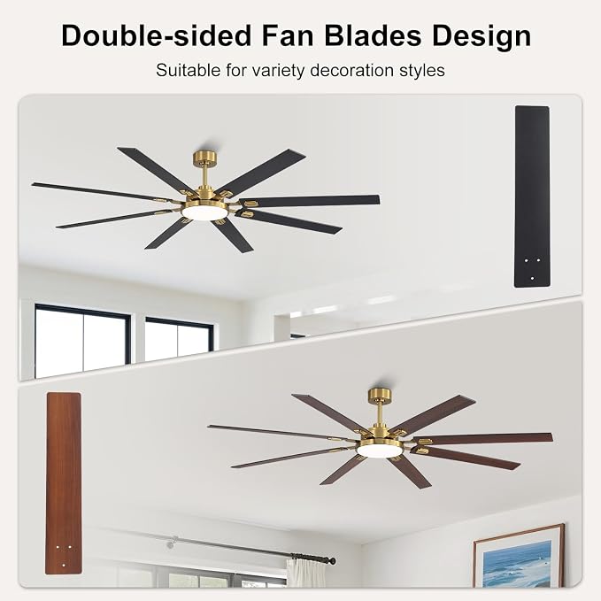 80 Inch Ceiling Fans with Lights and Remote, Bedroom Living Room Office Library Cafe Outdoor Industrial, 5CCT Dimmable, Dual Color 8 Blades, 6 Speed Reversible Quiet DC Motor, Gold/Wood Grain