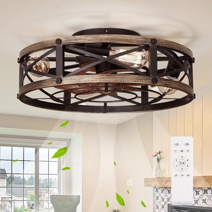 SHLUCE Caged Ceiling Fan with Light and Remote, Farmhouse Fandelier | 19" Flush Mount Small Rustic Low Profile Bladeless Design, Quiet Operation, ETL Listed, for Kitchen & Bedroom Indoor Use