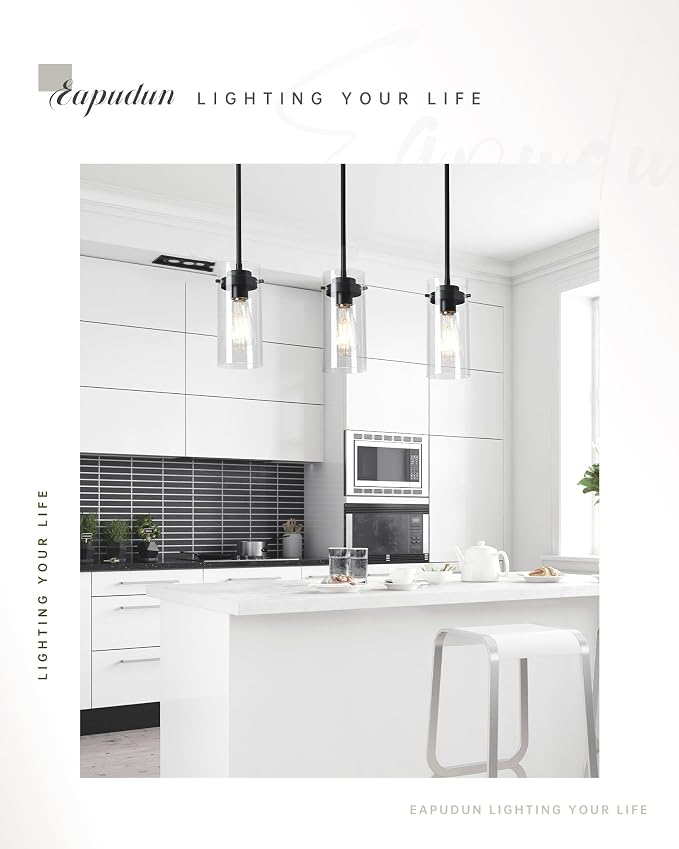 EAPUDUN Pendant Lights (2 Packs), Hanging Lights Fixtures, Clear Glass Shade Kitchen Lighting, Matte Black Farmhouse Kitchen Dining Table Ceiling Lights -PDA1353-B-MBK