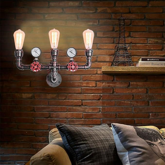 MQ Water Pipe Wall Lamp Steampunk, 3 Lights Wall Sconces Vintage Rustic Wall Light Fixtures Wall Mount E26 Socket for Bathroom Hallway Basement Copper Color