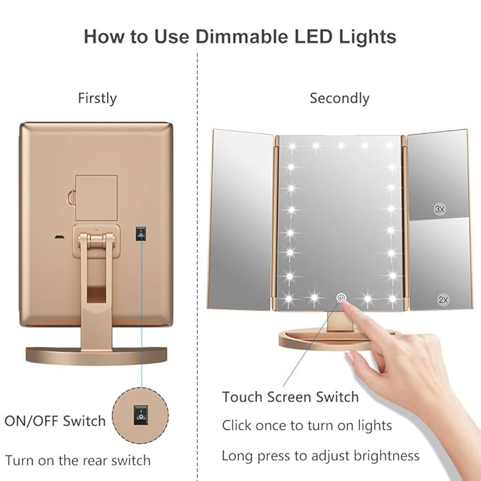 WEILY Makeup Mirror with 21 LED Lights,Two Power Supply Modes, Adjustable Touch Screen and 1x/2x/3x Magnification Tri-Fold Vanity Mirror,Chargeable Travel Cosmetic Mirror for Desktop(Gold)