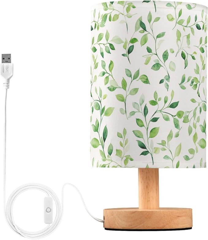 Watercolor Green Leaves and Vines Bedside Table Lamps with USB Port for Bedroom Lamp Table Lamp Small Nightstand Lamp Sturdy Linen Shade Wooden Decorative Lamps for Home Dorm Office Living Room