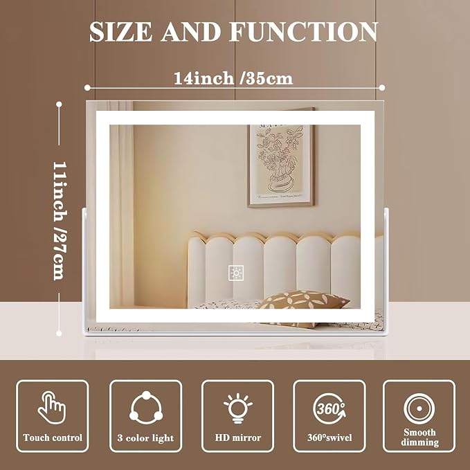14 Inch LED Vanity Makeup Mirror with Lights, Large Metal Frame Lighted Tabletop Mirror with 3 Color Dimmable Touch Control, 360° Rotation for Bathroom Bedroom