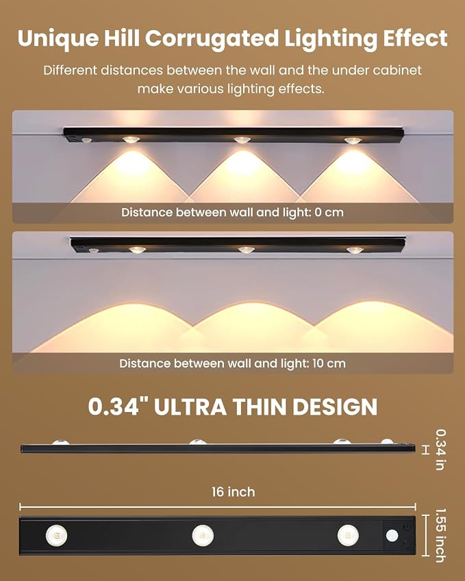 3 LED Under Cabinet Light, Under Counter Dimmable Lighting with Motion Sensor, USB Rechargeable Motion Sensor Light, Cat’s Eye Hill Corrugated Effect, for Display Cabinet, Showcase, Wine Cabinet