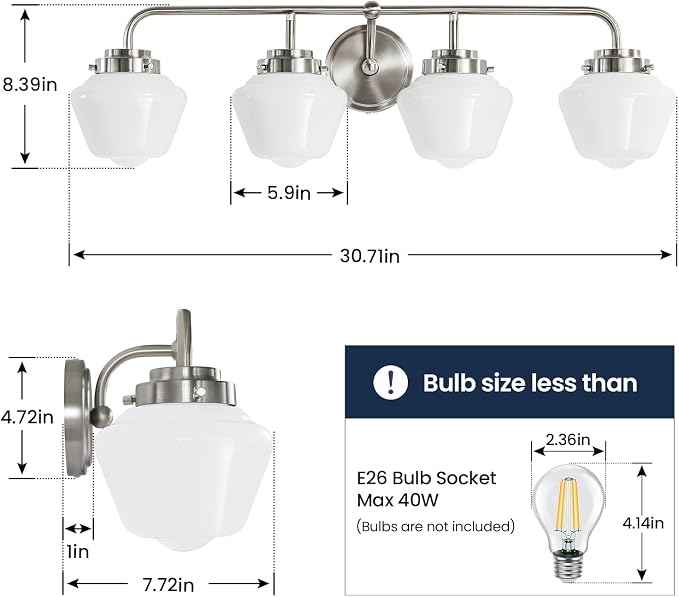 RUIYEY Bathroom Vanity Light Fixtures: 4-Lights Brushed Nickel Vintage Light Fixtures for Bathroom Above Mirror, Wall Lights Indoor with Frosted Milky Glass for Bath Bedroom