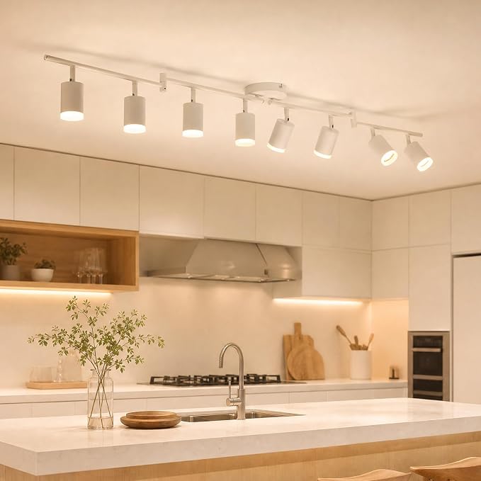 Bojim LED Track Lighting Fixtures Ceiling Mount for Kitchen, 8 Head Modern White Ceiling Light with Acrylic Ring, Rotatable Spot Lights for Dining Living Bedroom,GU10 Base (Bulbs Not Included)
