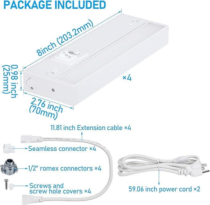 TORCHSTAR LED Under Cabinet Lighting 5CCT, 8 Inch 6W 450LM, Hardwired & Plug-in, 5 Color Selectable CRI90 120V ETL T24 Listed Dimmable Under Counter Lights for Kitchen, White Aluminum Housing, 4 Pack