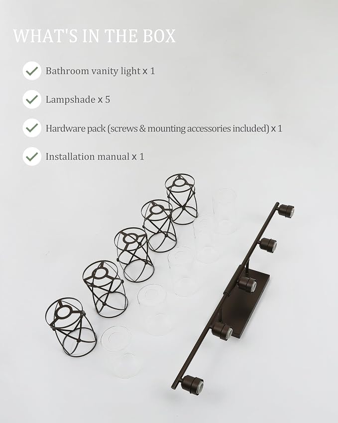 5-Light Oil Rubbed Bronze Bathroom Light Fixtures Over Mirror, 38" UL-Listed Modern Farmhouse Wall Sconce Lights with Clear Glass and Metal Cage for Bath, Hardwire E26, CH9176ORB-5W