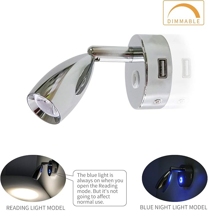 THALASSA 12V RV Spotlight USB Reading Light - Dimmable Touch Switch with Blue Circle Night Light, Polished Chrome, Surface Mounted on Trailer Caravan Boat Interior as Bedside Light Book Lamp, 2 Pack